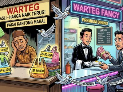 Side-by-side caricature comparing a traditional warteg owner distressed by expensive plastic bags and a flashy 'Warteg Fancy' with neon lights where a customer in a suit pays an exorbitant price for a simple meal.