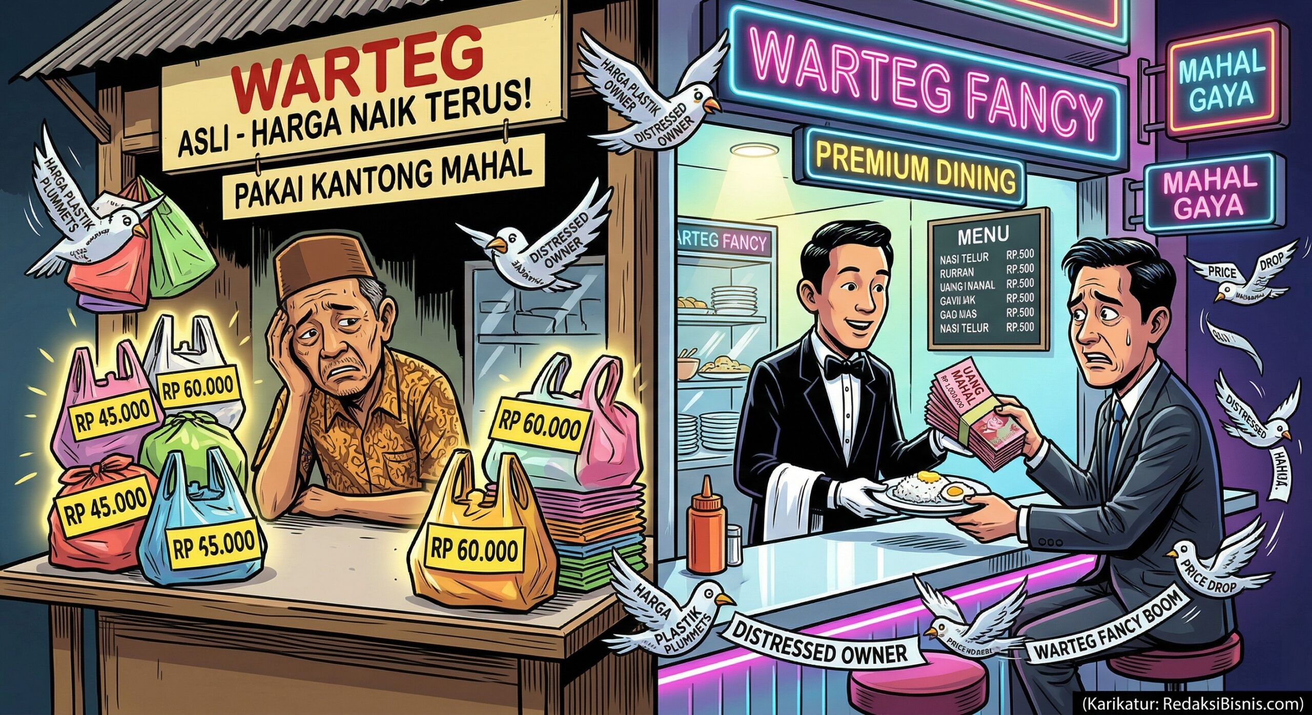Side-by-side caricature comparing a traditional warteg owner distressed by expensive plastic bags and a flashy 'Warteg Fancy' with neon lights where a customer in a suit pays an exorbitant price for a simple meal.