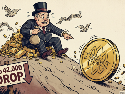 Caricature of an anxious investor watching an 'ANTAM' gold coin with a 'Rp 42.000 DROP' sign roll away down a hill.