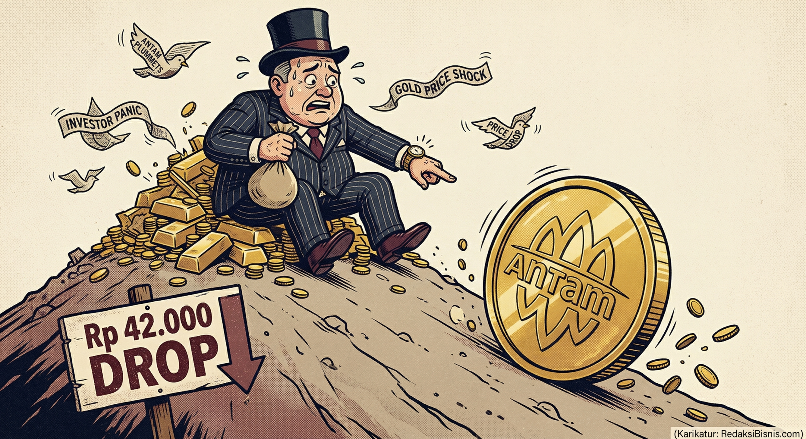 Caricature of an anxious investor watching an 'ANTAM' gold coin with a 'Rp 42.000 DROP' sign roll away down a hill.