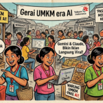 Karikatur perempuan pelaku UMKM Indonesia belajar dan menggunakan teknologi AI seperti ChatGPT, Gemini, dan Claude di pasar digital.