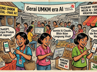Karikatur perempuan pelaku UMKM Indonesia belajar dan menggunakan teknologi AI seperti ChatGPT, Gemini, dan Claude di pasar digital.