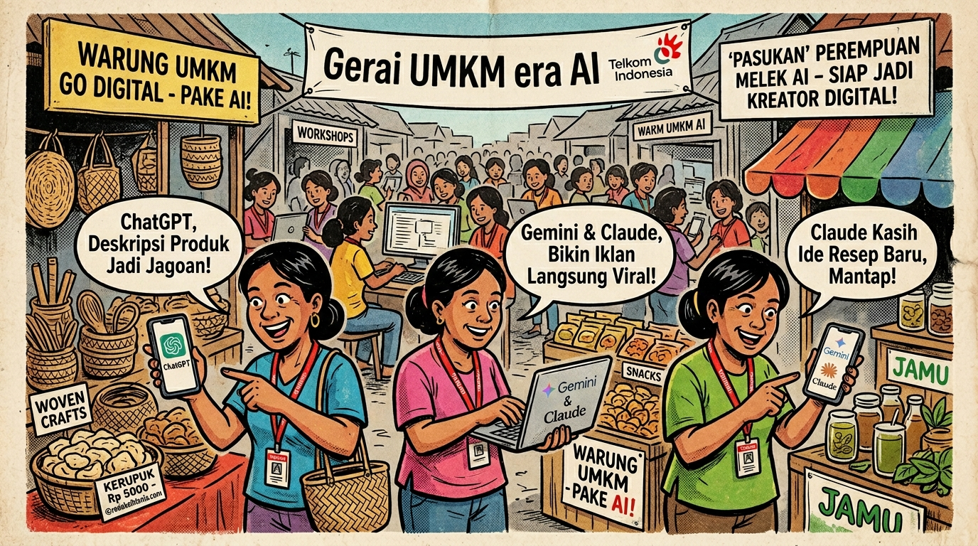Karikatur perempuan pelaku UMKM Indonesia belajar dan menggunakan teknologi AI seperti ChatGPT, Gemini, dan Claude di pasar digital.