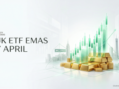 Koin emas di atas grafik bursa saham yang jernih dengan latar belakang putih lapang.