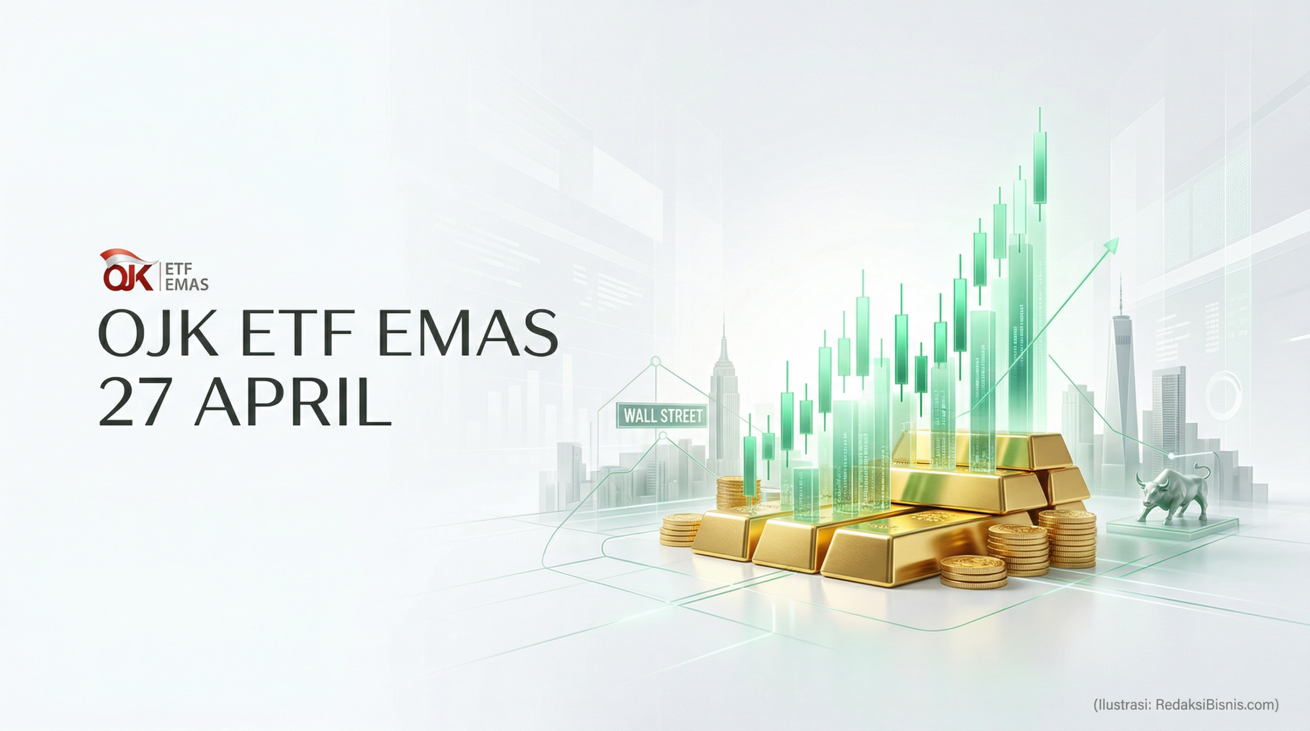 Koin emas di atas grafik bursa saham yang jernih dengan latar belakang putih lapang.