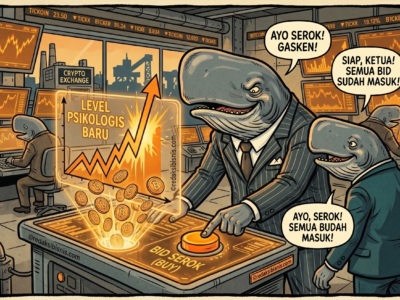 Karikatur investor whale bitcoin berkepala paus serok masal koin BTC saat harga tembus level psikologis baru.