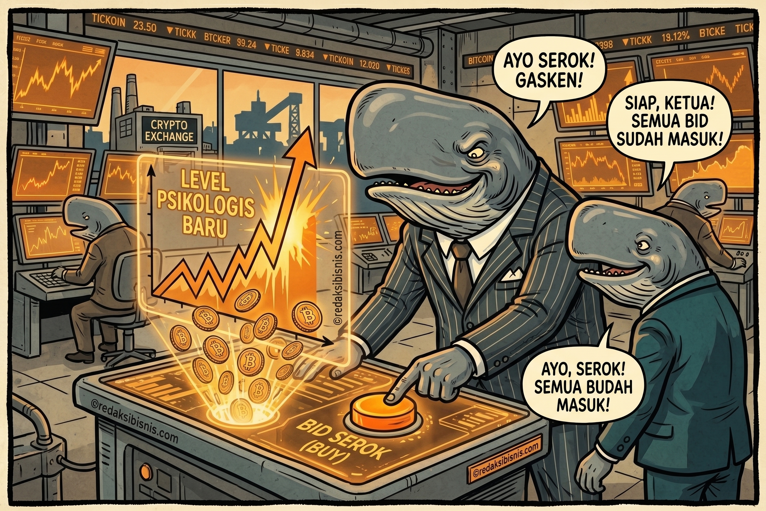 Karikatur investor whale bitcoin berkepala paus serok masal koin BTC saat harga tembus level psikologis baru.