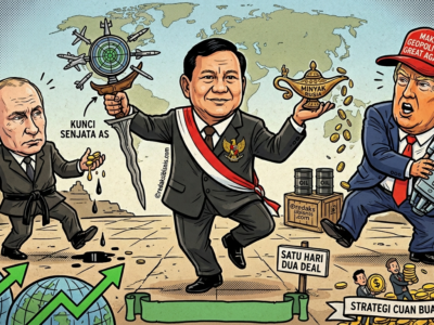 Karikatur Presiden Prabowo Subianto melakukan gerakan silat di antara Presiden Vladimir Putin dan Presiden Donald Trump, melambangkan keberhasilan diplomasi ekonomi dan pertahanan Indonesia.