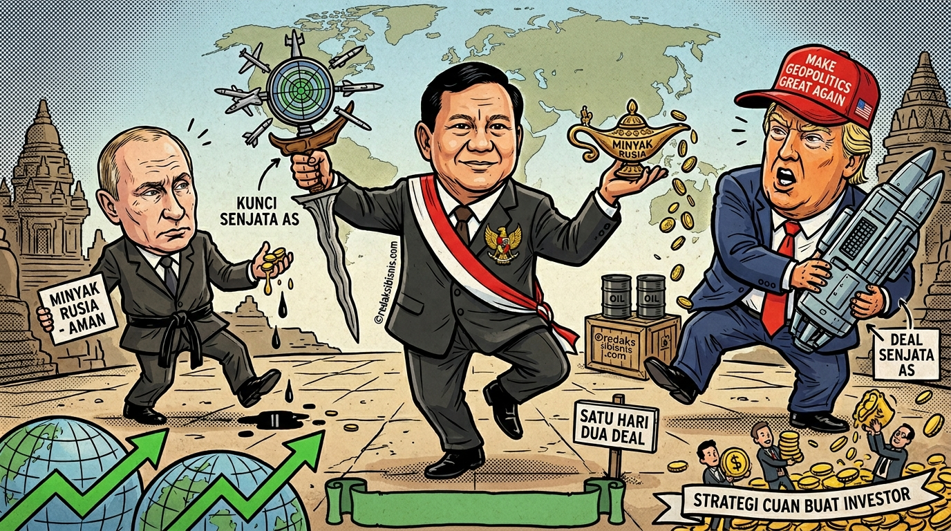 Karikatur Presiden Prabowo Subianto melakukan gerakan silat di antara Presiden Vladimir Putin dan Presiden Donald Trump, melambangkan keberhasilan diplomasi ekonomi dan pertahanan Indonesia.