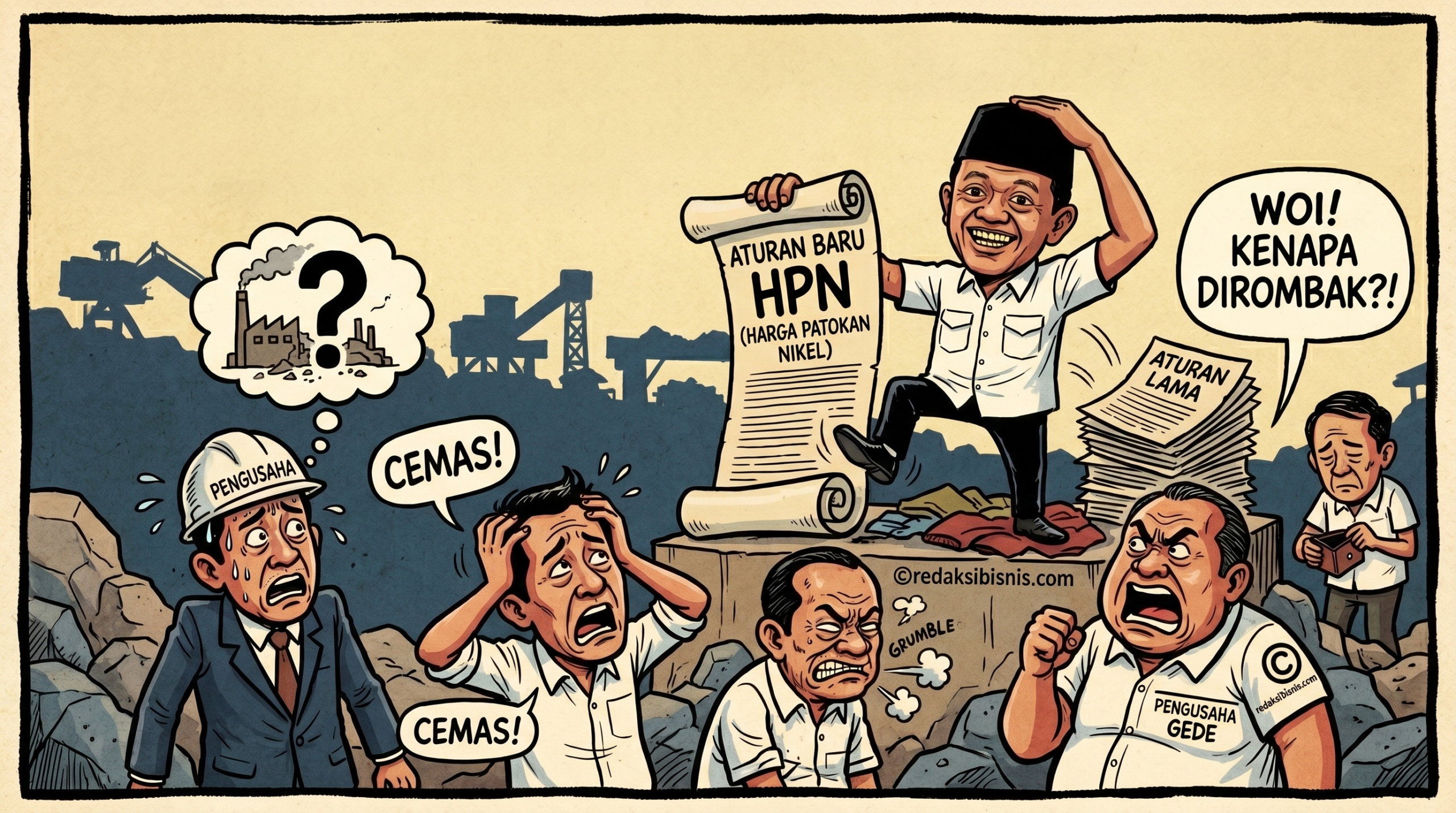 Karikatur Bahlil Lahadalia merombak aturan Harga Patokan Nikel HPN bikin pengusaha cemas dan protes.