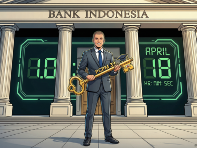 A sharp editorial cartoon showing a confident young professional graduate with a golden key labeled 'PCPM 39' standing in front of Bank Indonesia's pillars, next to a countdown clock pointing to April 18.
