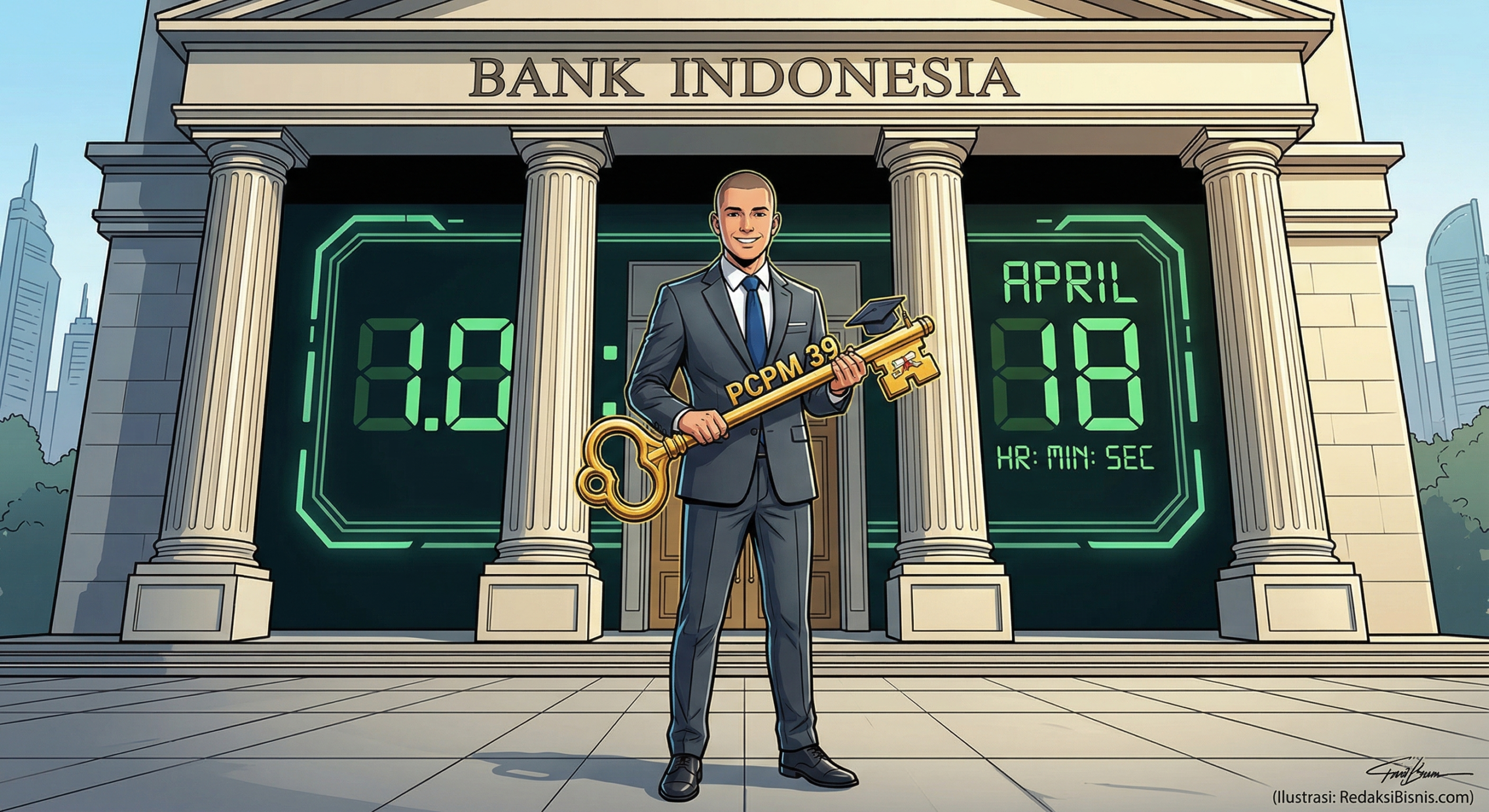 A sharp editorial cartoon showing a confident young professional graduate with a golden key labeled 'PCPM 39' standing in front of Bank Indonesia's pillars, next to a countdown clock pointing to April 18.