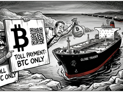 A high-contrast ink political cartoon showing an oil tanker being made to pay a toll in Bitcoin at the Strait of Hormuz by an Iranian official holding a large QR code and Bitcoin symbol.