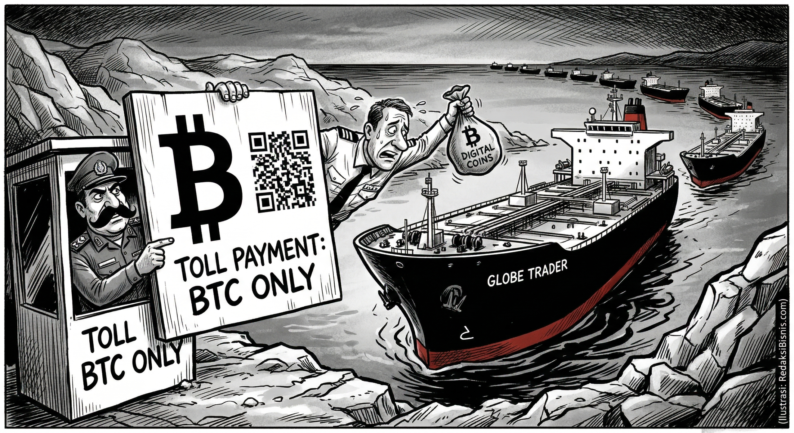 A high-contrast ink political cartoon showing an oil tanker being made to pay a toll in Bitcoin at the Strait of Hormuz by an Iranian official holding a large QR code and Bitcoin symbol.
