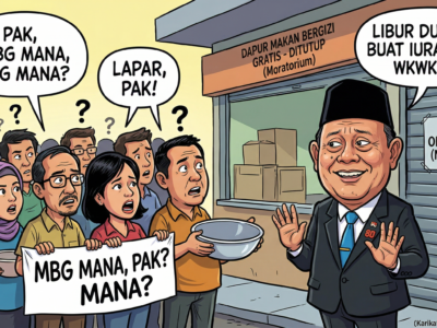 Karikatur Kepala Badan Gizi di depan dapur MBG yang tutup karena moratorium.