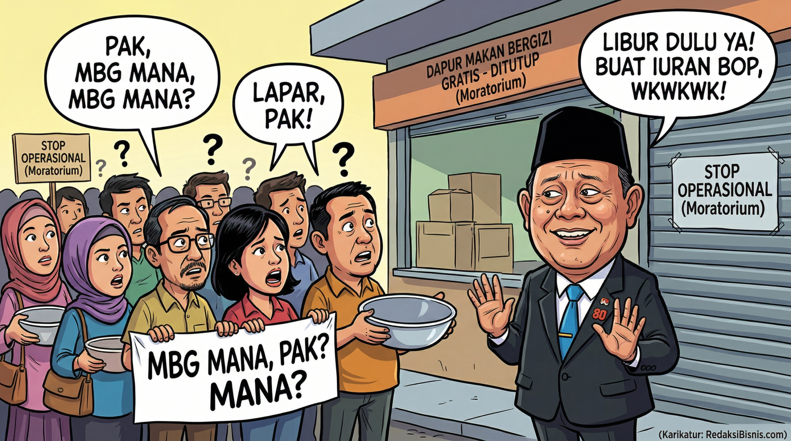 Karikatur Kepala Badan Gizi di depan dapur MBG yang tutup karena moratorium.