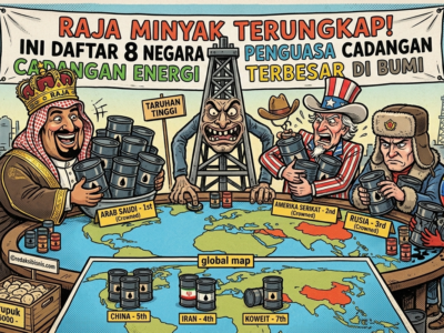 Karikatur persaingan negara penguasa minyak dunia seperti Arab Saudi, Amerika Serikat, Rusia, dan Venezuela di atas meja peta global dengan latar belakang kilang minyak.