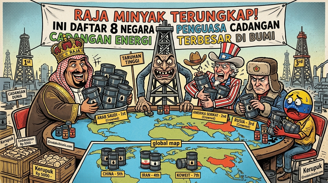 Karikatur persaingan negara penguasa minyak dunia seperti Arab Saudi, Amerika Serikat, Rusia, dan Venezuela di atas meja peta global dengan latar belakang kilang minyak.