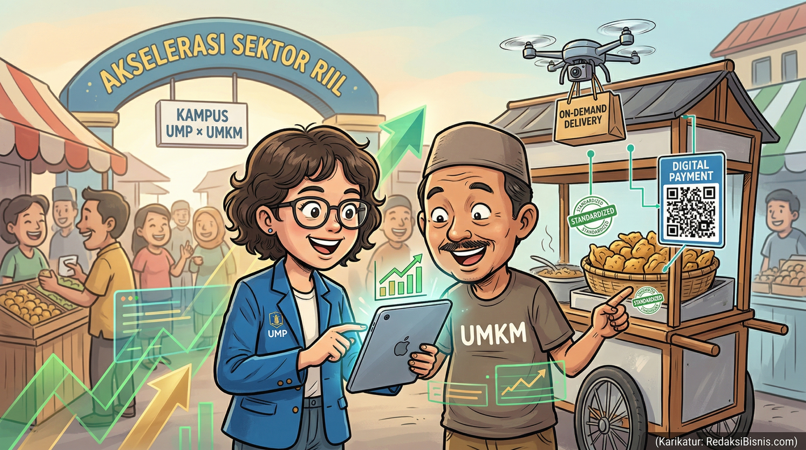 Karikatur mahasiswa UMP ngajarin ibu UMKM digitalisasi bakul gorengan lewat HP.