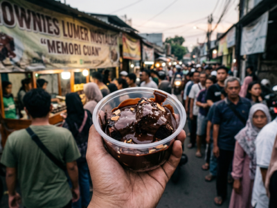 Wadah brownies lumer dengan antrean pembeli yang viral di latar belakang.