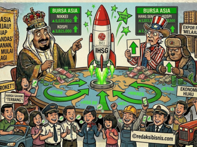 Karikatur penguatan ekonomi yang menunjukkan roket indeks IHSG BEI lepas landas, sementara berbagai bursa Asia seperti Nikkei dan Kospi juga bergerak hijau, disambut gembira oleh berbagai profesi masyarakat dan ekonomi hijau.