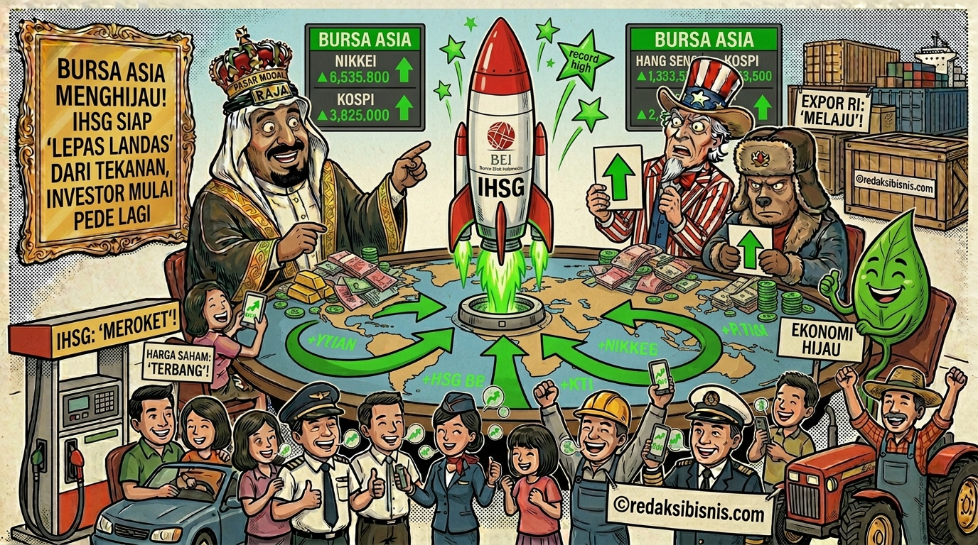 Karikatur penguatan ekonomi yang menunjukkan roket indeks IHSG BEI lepas landas, sementara berbagai bursa Asia seperti Nikkei dan Kospi juga bergerak hijau, disambut gembira oleh berbagai profesi masyarakat dan ekonomi hijau.