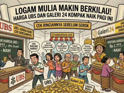 Karikatur pergerakan harga emas yang menunjukkan kenaikan harga pada gerai UBS dan Galeri 24, dengan visual masyarakat yang sibuk memantau rincian harga logam mulia melalui ponsel sebelum berinvestasi.