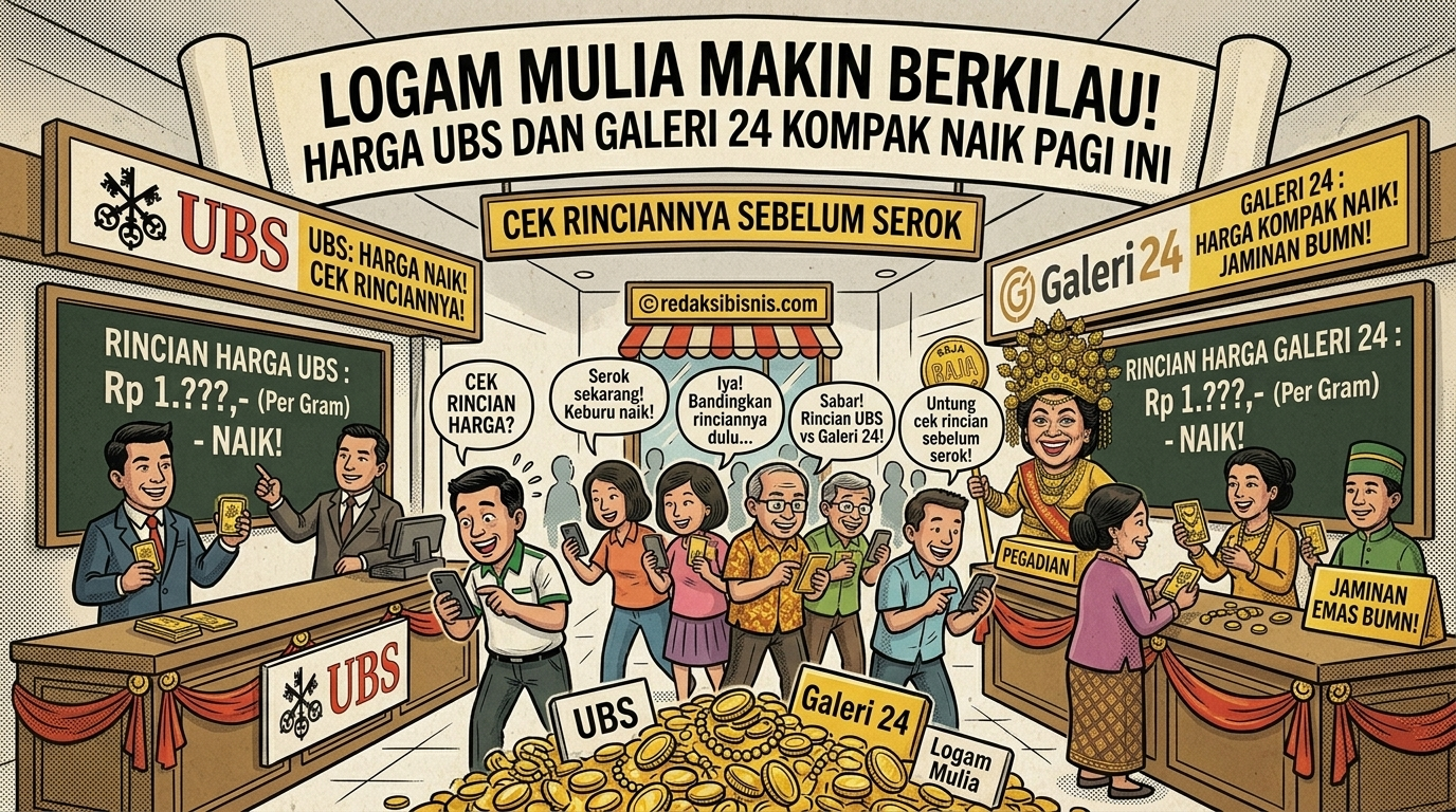Karikatur pergerakan harga emas yang menunjukkan kenaikan harga pada gerai UBS dan Galeri 24, dengan visual masyarakat yang sibuk memantau rincian harga logam mulia melalui ponsel sebelum berinvestasi.