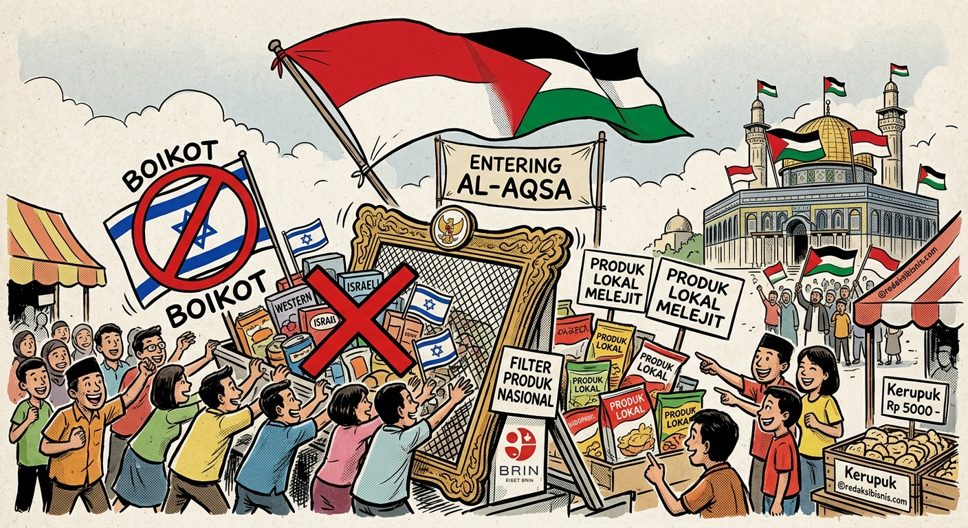 Karikatur produk lokal melejit akibat gerakan boikot, menampilkan filter produk nasional dan solidaritas Indonesia-Palestina.