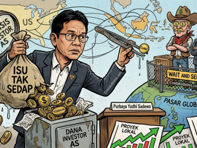 arikatur Purbaya Yudhi Sadewa sedang membongkar kantong berisi 'Isu Tak Sedap' di depan para investor AS yang sedang memantau pasar global dengan sikap ragu-ragu.