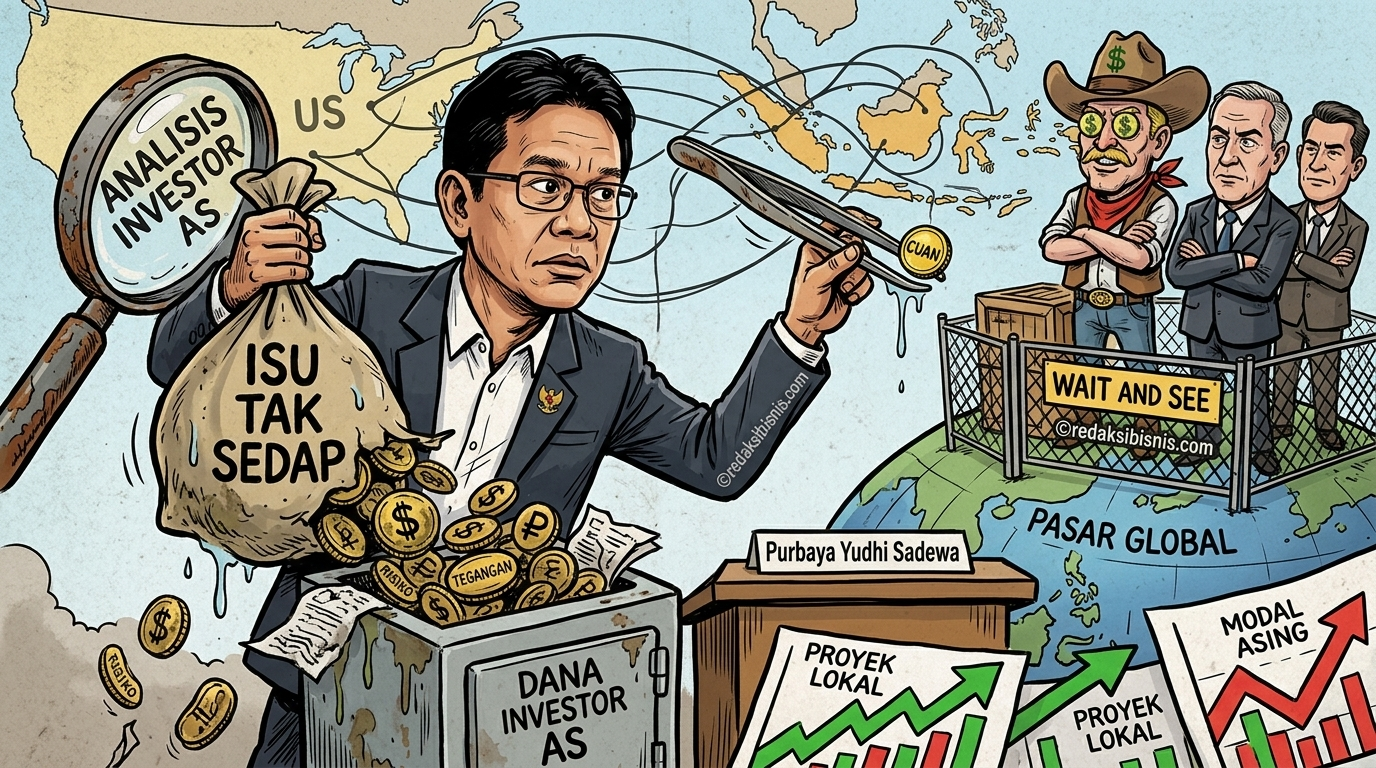 arikatur Purbaya Yudhi Sadewa sedang membongkar kantong berisi 'Isu Tak Sedap' di depan para investor AS yang sedang memantau pasar global dengan sikap ragu-ragu.