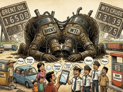 Karikatur kejatuhan harga minyak mentah dunia Brent dan WTI yang sujud ke tanah, membuat rakyat dan berbagai profesi (sopir, petani, pilot, paman sam, raja) menghela napas lega dan gembira karena harga BBM diprediksi akan terjangkau.