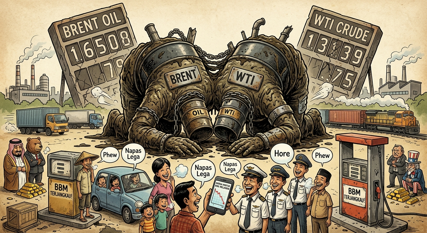 Karikatur kejatuhan harga minyak mentah dunia Brent dan WTI yang sujud ke tanah, membuat rakyat dan berbagai profesi (sopir, petani, pilot, paman sam, raja) menghela napas lega dan gembira karena harga BBM diprediksi akan terjangkau.