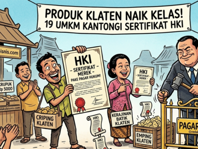 Karikatur pelaku UMKM Klaten merayakan penerimaan sertifikat HKI (Hak Kekayaan Intelektual) dengan simbol pagar hukum emas yang melindungi produk lokal seperti batik dan emping.