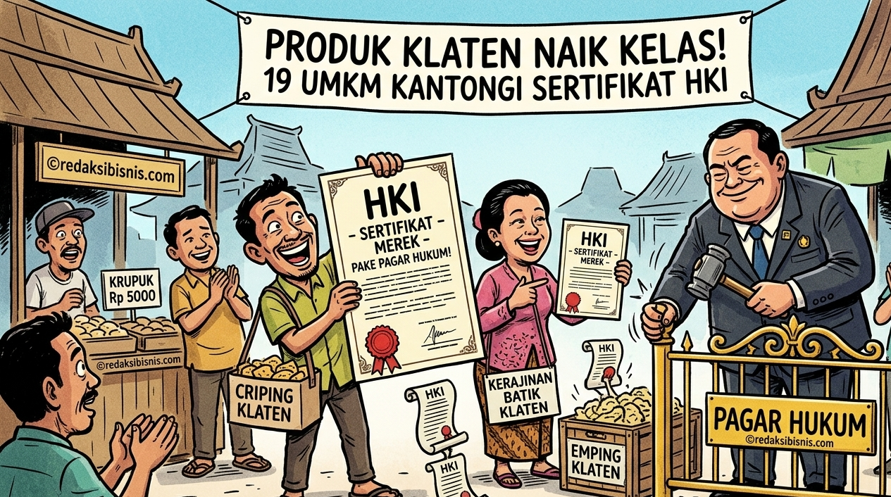 Karikatur pelaku UMKM Klaten merayakan penerimaan sertifikat HKI (Hak Kekayaan Intelektual) dengan simbol pagar hukum emas yang melindungi produk lokal seperti batik dan emping.