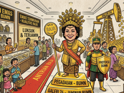 Karikatur kemewahan toko emas Galeri 24 anak usaha Pegadaian BUMN yang menampilkan jaminan emas murni dan pelayanan berkelas raja bagi masyarakat.