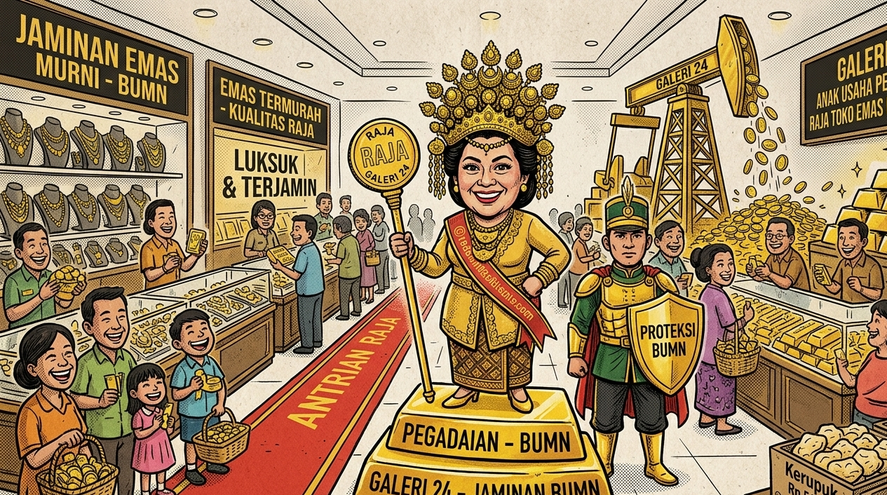 Karikatur kemewahan toko emas Galeri 24 anak usaha Pegadaian BUMN yang menampilkan jaminan emas murni dan pelayanan berkelas raja bagi masyarakat.