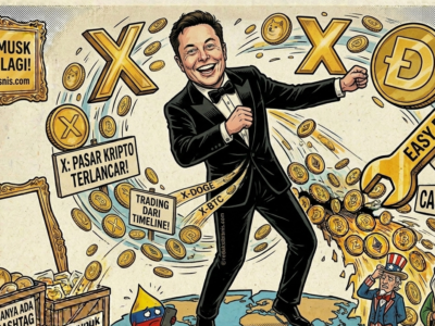 Karikatur Elon Musk berjoget gembira dengan setelan tuksedo di tengah pusaran logo 'X' dan koin kripto Dogecoin, menonjolkan fitur 'Cashtag X' dan kemudahan trading langsung dari timeline.