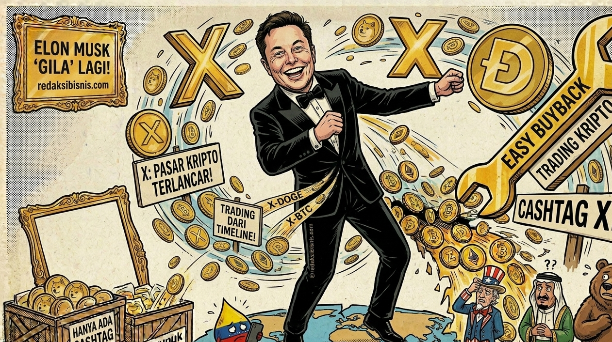 Karikatur Elon Musk berjoget gembira dengan setelan tuksedo di tengah pusaran logo 'X' dan koin kripto Dogecoin, menonjolkan fitur 'Cashtag X' dan kemudahan trading langsung dari timeline.