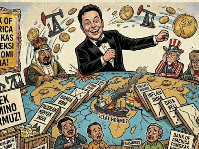 Karikatur efek domino krisis Selat Hormuz di Timur Tengah yang berdampak pada pemangkasan proyeksi ekonomi India oleh Bank of America, menampilkan simbol inflasi dan penurunan PDB.
