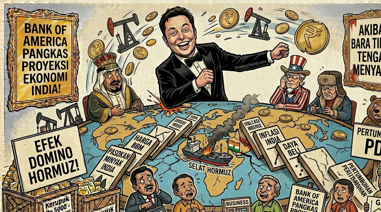 Karikatur efek domino krisis Selat Hormuz di Timur Tengah yang berdampak pada pemangkasan proyeksi ekonomi India oleh Bank of America, menampilkan simbol inflasi dan penurunan PDB.